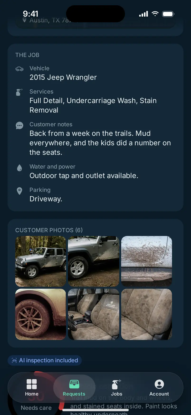 A quote request for a 2015 Jeep Wrangler with the customer’s notes, photos, and an AI inspection