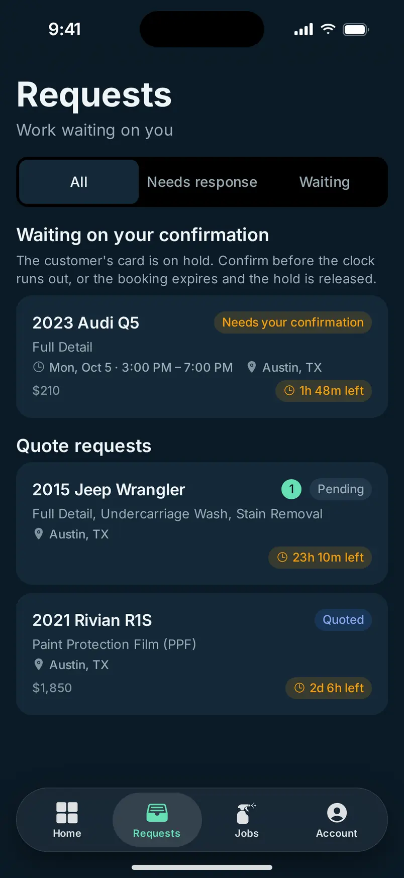 The MotoMynt Pro requests list: a booking waiting on confirmation and two quote requests
