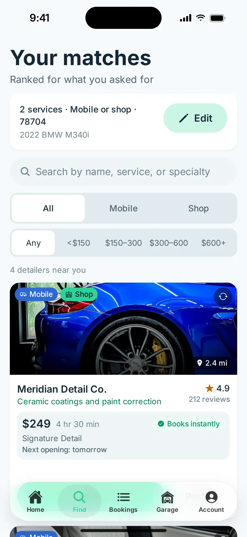 MotoMynt matches for a detail: rated detailers nearby, each with a price, how long it takes, and the next opening