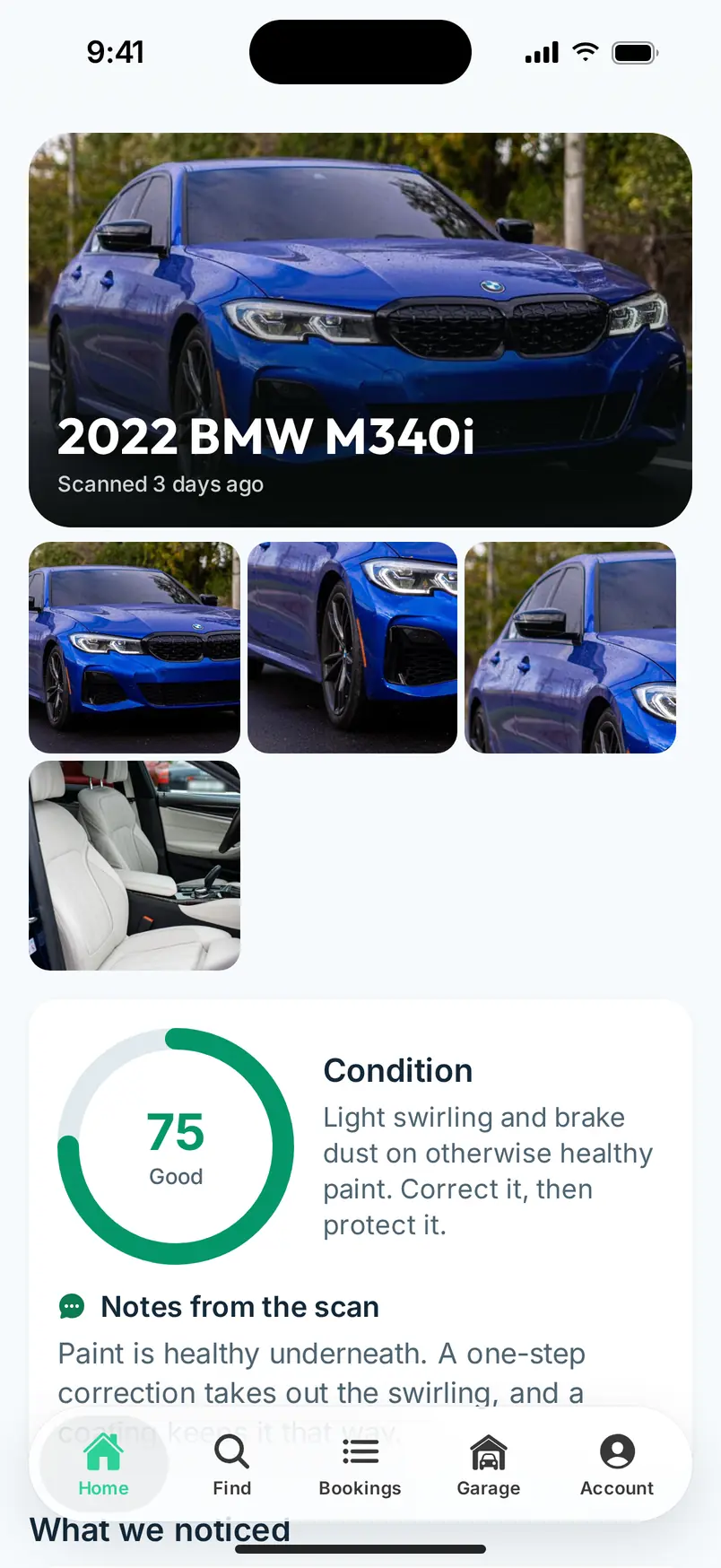 The scan result in MotoMynt: 75 out of 100, Good, with notes from the scan and recommended services